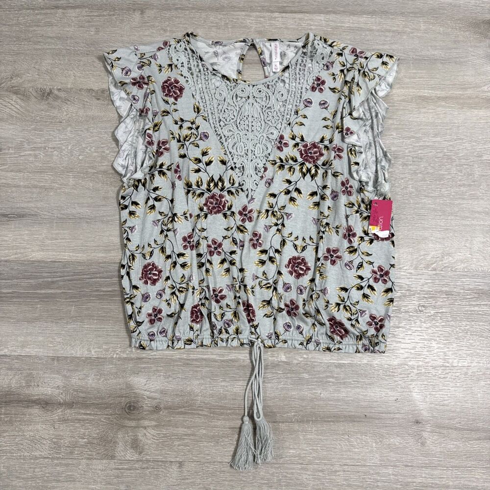 Xhilaration Blouse Women’s XL Mint Floral Lace Ruffle Sleeve Stretch Top NWT